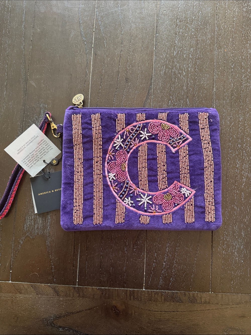 America & Beyond Purple Embroidered Initial 'C' Wristlet